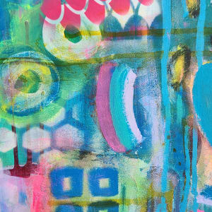 Bright Colorful Graffiti Style Mixed Media Painting on Redwood Board by Tana Hensley 