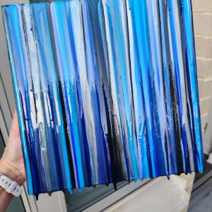Abstract Resin Art In Linear Drips, Navy Blue, Silver, Sky Blue, Ultramarine Blue, Black, Pigments on Gallery Cradled Canvas by Tana Hensley  Image: SOLD