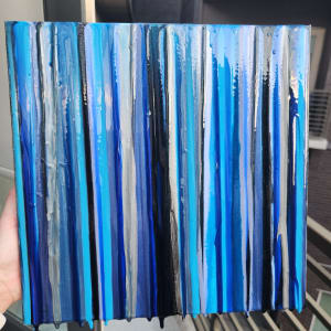 Abstract Resin Art In Linear Drips, Navy Blue, Silver, Sky Blue, Ultramarine Blue, Black, Pigments on Gallery Cradled Canvas by Tana Hensley  Image: SOLD