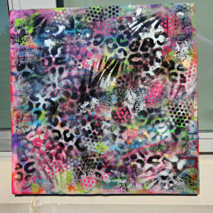 Abstract Resin Art Graffiti Style Leopard, Music notes, Polka Dots, & Misc Design Mixed Media Textured Art Over Crackle Paste on Wood Panel by Tana Hensley 