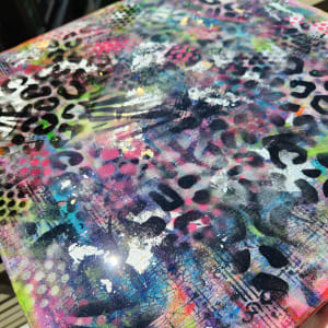 Abstract Resin Art Graffiti Style Leopard, Music notes, Polka Dots, & Misc Design Mixed Media Textured Art Over Crackle Paste on Wood Panel by Tana Hensley 