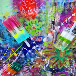 Abstract Graffiti Resin Popsicle Lollipop Bright Colors Art on Gallery Cradled Wood Panel, Crackle Textures, Mixed Media Original Bold Colors by Tana Hensley 