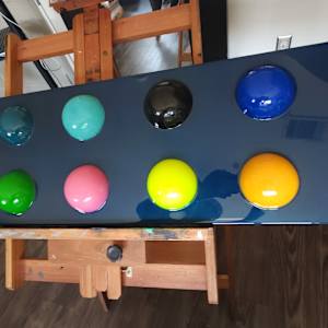 Resin Sphere Modern Art Original, Fun, Colorful on Navy Midnight Blue Pearl Background by Tana Hensley, Image 12.