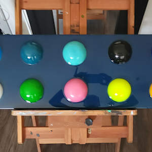 Resin Sphere Modern Art Original, Fun, Colorful on Navy Midnight Blue Pearl Background by Tana Hensley, Image 5.