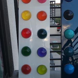 Colorful Resin Transparent Polka Dots on Pearl-ish/ Background w Ultra Micro-fine Silver Hologram Sparkle by Tana Hensley 