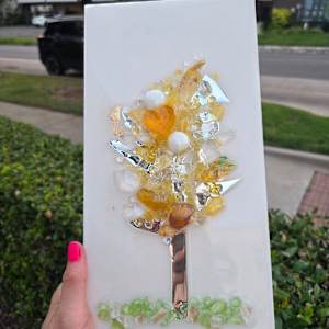 Resin Glass Abstract Tree in Yellow, Silver Leaf and Mirror Glass  6x12 by Tana Hensley 