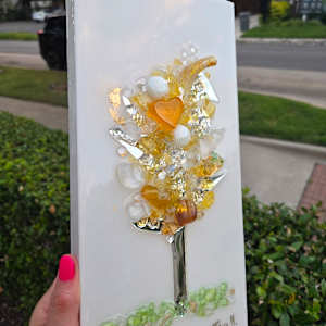 Resin Glass Abstract Tree in Yellow, Silver Leaf and Mirror Glass  6x12 by Tana Hensley 