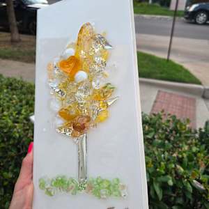 Resin Glass Abstract Tree in Yellow, Silver Leaf and Mirror Glass  6x12 by Tana Hensley 
