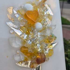Resin Glass Abstract Tree in Yellow, Silver Leaf and Mirror Glass  6x12 by Tana Hensley 