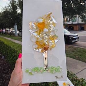 Resin Glass Abstract Tree in Yellow, Silver Leaf and Mirror Glass  6x12 by Tana Hensley 
