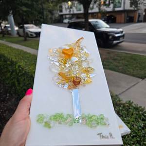 Resin Glass Abstract Tree in Yellow, Silver Leaf and Mirror Glass  6x12 by Tana Hensley 