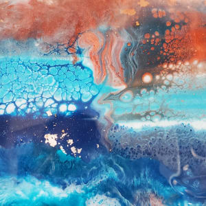 Abstract Resin Art (Ruby Metallic, Blues, Silver, Turquoise, & Gold on Cradled Wood Panel w Silver, Gold, Copper Leaf by Tana Hensley 