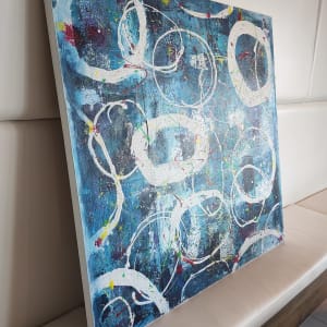 Abstract Blue, White, Magenta, Lime Green, Crush Orange, Lemon Yellow, Pinks, Purples, Turquoise on Canvas Roll w Crackle Ground on Gallery Profile Wood Panel by Tana Hensley 