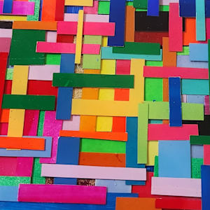 COLORFUL, BRIGHT, BOLD MOSAIC STYLE RESIN MULTILAYER COLLAGE ON GALLERY CRADLED WOOD PANEL by Tana Hensley  Image: CLOSE UP