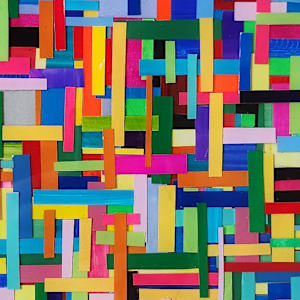 COLORFUL, BRIGHT, BOLD MOSAIC STYLE RESIN MULTILAYER COLLAGE ON GALLERY CRADLED WOOD PANEL by Tana Hensley  Image: CLOSEUP