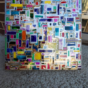 Abstract Resin Layered Mosaic Collage w Silver and Gold Mirror Leaf 