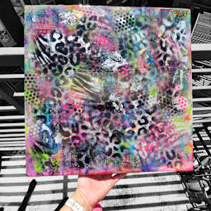Abstract Resin Art Graffiti Style Leopard, Music notes, Polka Dots, & Misc Design Mixed Media Textured Art Over Crackle Paste on Wood Panel by Tana Hensley