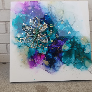 Abstract Resin Art + Glass Flower 16x16 inches by Tana Hensley 