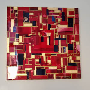 Mosaic Collage w Gold Leaf Edges, Layers of Hand Cut Pieces on Gallery Cradled 12x12" Wood Panel w Layers of Resin by Tana Hensley 