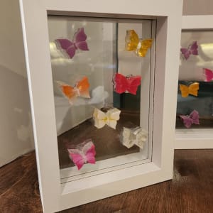 Set of White Deep Framed Shadow Box w Double Glass Panes & Hand Designed Resin Butterflies in Pinks, Yellow, Clear, Lavender, Silver Glitter by Tana Hensley 