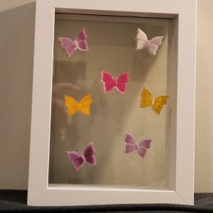 Set of White Deep Framed Shadow Box w Double Glass Panes & Hand Designed Resin Butterflies in Pinks, Yellow, Clear, Lavender, Silver Glitter by Tana Hensley 