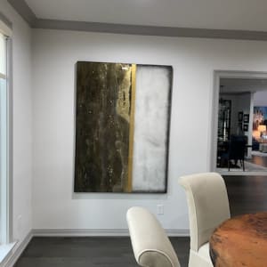 Textured Linear Abstract Mixed Media on Gallery Cradled Birch Wood Panel (Black, Gold, Titan Buff Palette) by Tana Hensley 