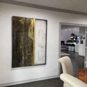 Textured Linear Abstract Mixed Media on Gallery Cradled Birch Wood Panel (Black, Gold, Titan Buff Palette) by Tana Hensley 