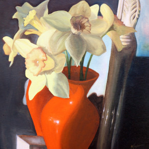 Narcissus in Orange Vase with Mirror by Emma Knight