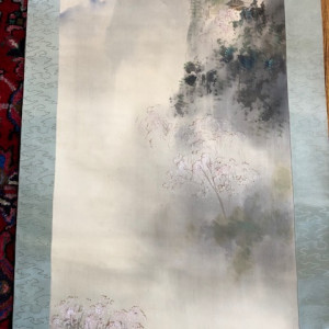 Japanese Antique Scroll – Foggy Mountain with a Man Walking on a  Bridge by Unknown 