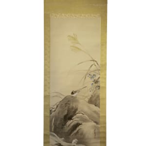 Chinese Antique Scroll– Bird on Rock with Blue Flowers by Unknown