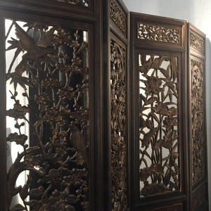 Antique Chinese Four Panel Pierced Wooden Screen by Unknown