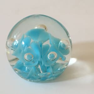 Vintage St. Clair Glass Paperweight with Blue Floral Designs 
