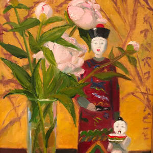 Peonies and Chinese Figures by James Cobb 