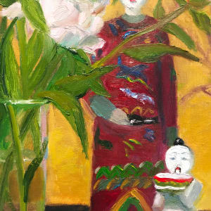 Peonies and Chinese Figures by James Cobb 