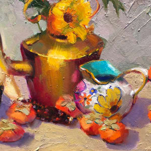 Brass Teapot, Persimmons and Poppies by James Cobb 