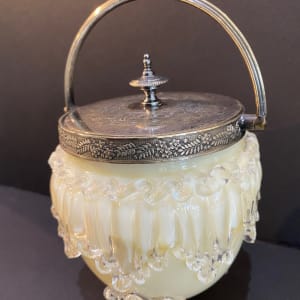 Antique Ornate Milk glass Jar with Silver Lid by Unknown 