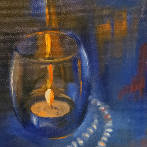 Candle and Pearls - Oil Painting in Silver Frame by Monika Gupta 