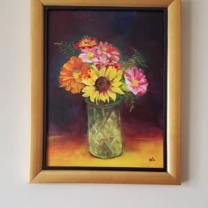 Colors of Life - Floral Oil Painting in Golden Frame by Monika Gupta  Image: Framed in a golden frame