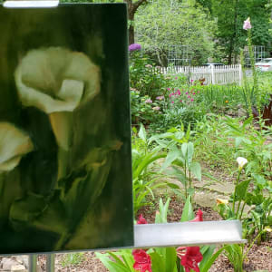 Lily Buddies by Monika Gupta  Image: White lilies caught my attention in a flower garden in Alpharetta. Luckily I had the perfect canvas on hand to put two of them together and eternally their existence in this pastel painting 