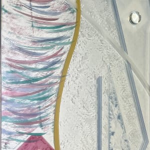 "Bringing It Together - In the Fields" by Nancy Gong  Image: Untitled abstract etching, painted. Photographed in the studio on white. Background is etched and hand chipped, mainly transparent. Shown in vertical format. Not shown: Wood frame painted in gunmetal gray.