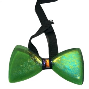 Glass Bow Tie – ARTISAN COLLECTION, Standard Colors by Nancy Gong  Image: Bow Tie,  ARTISAN COLLECTION, Standard Color 23-01 with strap from the Gong Spirit Wear Series. One of a kind. Exclusively from Gong Glass Works. $150