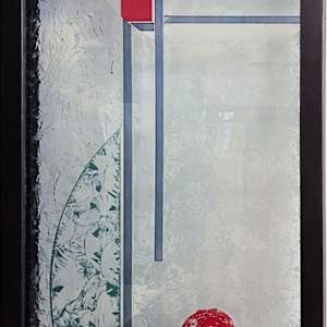 Bringing it Together (Geo Plan) by Nancy Gong  Image: Shown in vertical format, hand chipped etched and painted glass. Background is mainly transparent. Photo is taken against a wall.