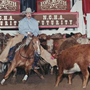 Jay Hall  Image: Jay Hall showing at the 1999 NCHA Futurity, riding CD Date. 