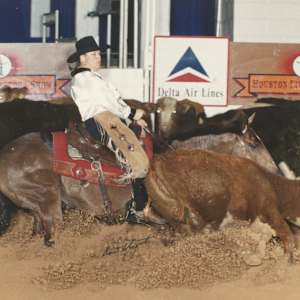 Debbie Patterson  Image: Debbie Patterson riding Gun Smokes Wimpy at the 1999 NCHA World Championship Finals