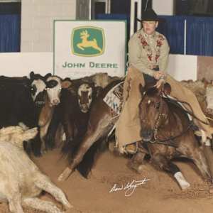 Debbie Patterson  Image: Debbie Patterson riding Gun Smokes Wimpy at the 2001 Houston Cutting