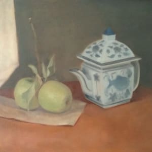 Still Life (Green Apples) by Curtis Green  Image: Image of the painting in process, nearly finished.