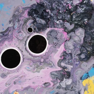 Because I Drive Right Through Their Houses  Image: detail 1, concentric drips in pools of poured paint with pink, grey, and black over a background of light yellow and blue
