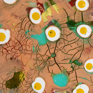Guess What Gabba You're Zapped by Blake Brasher  Image: detail 1, beautiful deep cracks in pouring medium with peachy browns revealing reds, greens, and yellows underneath. Fried egg yellow in white dripped paint scattered about