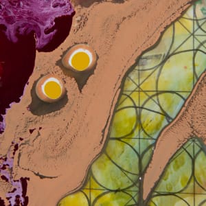 I Grok You Grock They Grik  Image: detail 6, background with watercolor wash on top of pencil grid with circles peaks through a break in the pouring medium, concentric drips in white and yellow scattered about