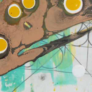 I Grok You Grock They Grik  Image: detail 7, pencil with grid and circles behind streaked acrylic and poured acrylic on top with yellow and white concentric drips
